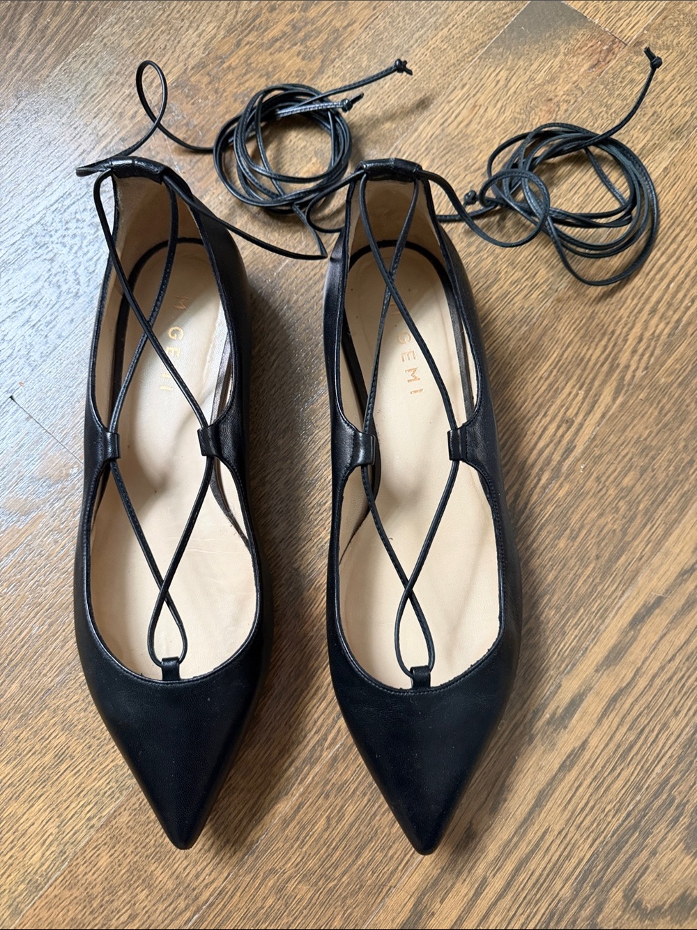 Pointed Black Lace-Up Flats with Crisscross Straps